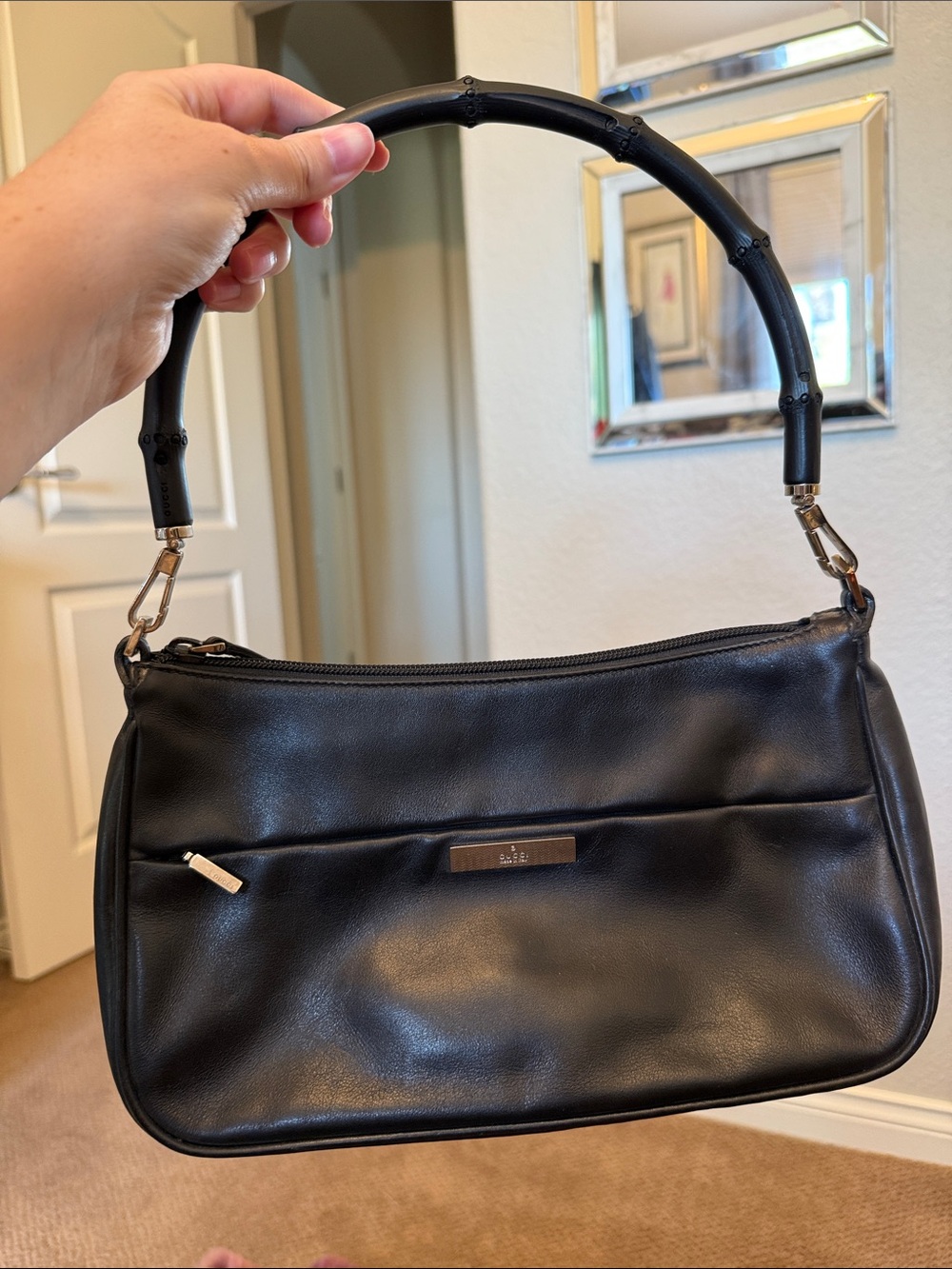 Gucci by Tom Ford Vintage Black Leather Shoulder Bag with Bamboo Handles - Picture 3 of 6